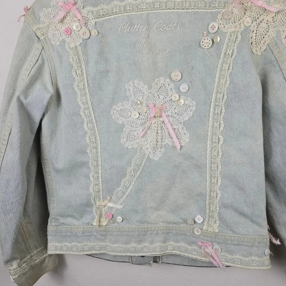 Coquette Fairycore Denim Jacket Size 14  Lace Pink Bows Embellished Button Up